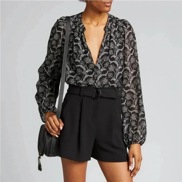 A.L.C. NWT Adara Black White Blouson Sleeve Floral Print Blouse Top